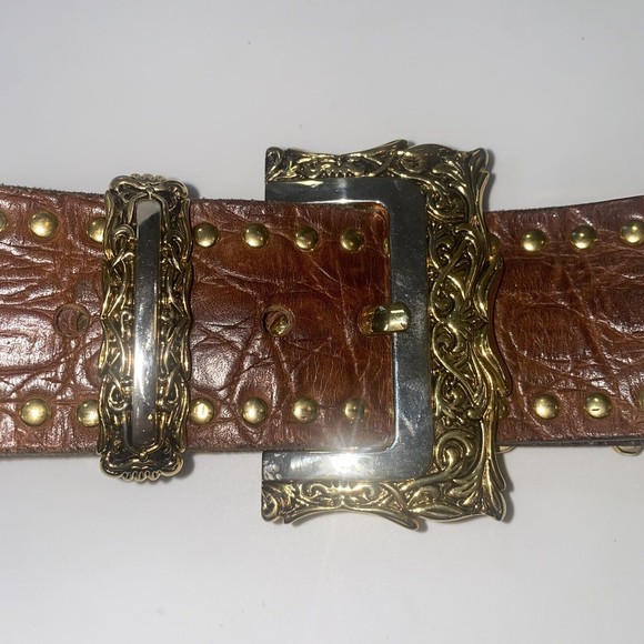 NANNI Italy Brown Leather Silver Gold Stud Belt Croc Boho Stud Size 85/34 - Picture 2 of 9